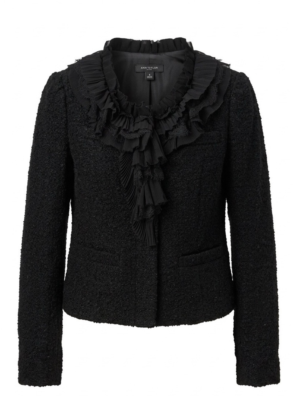 Ann Taylor Black Cropped Ruffle Bouclé Tweed Jacket - Size 6